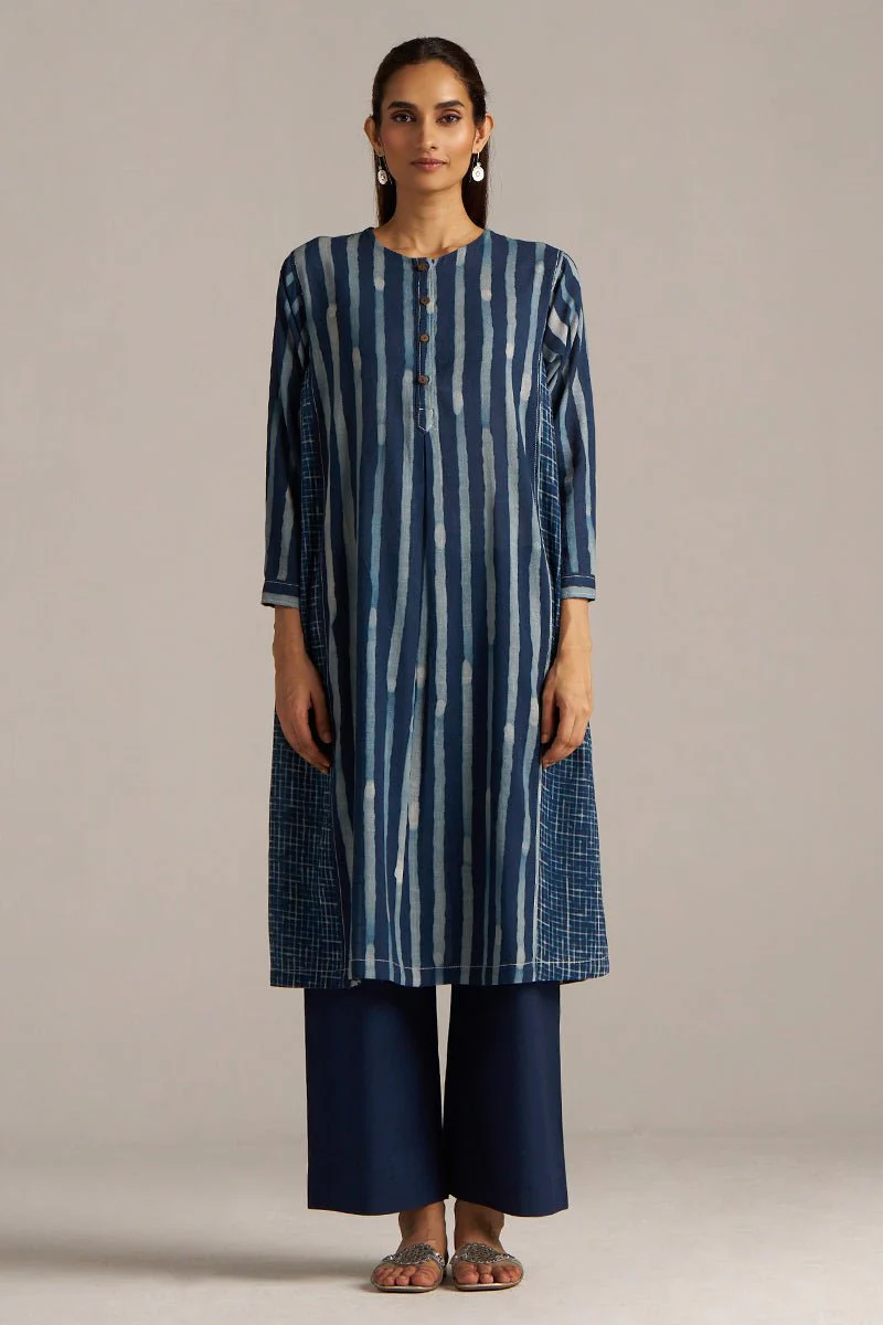 Indigo Blue Stripe and Check Print Linen Co-ord Set